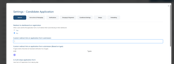 Custom redirect link on application form submission