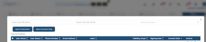 Documents log with the Export All Documents and Export Documents Table buttons