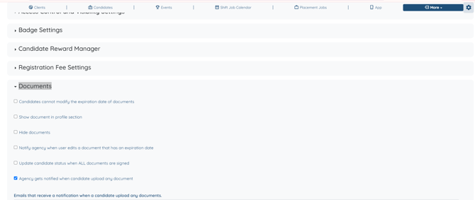 Documents section expanded, showing the document checkboxes