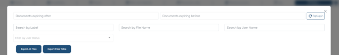 Files log with the Export All Files and Export Files Table buttons