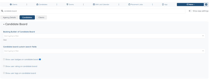 Global Settings search bar with - candidate board -  typed, showing the filtered tabs