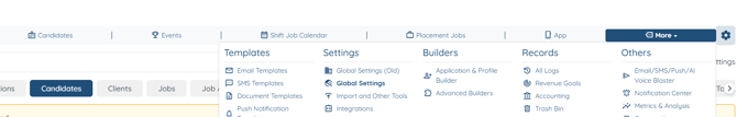 More menu open, Settings column, Global Settings highlighted