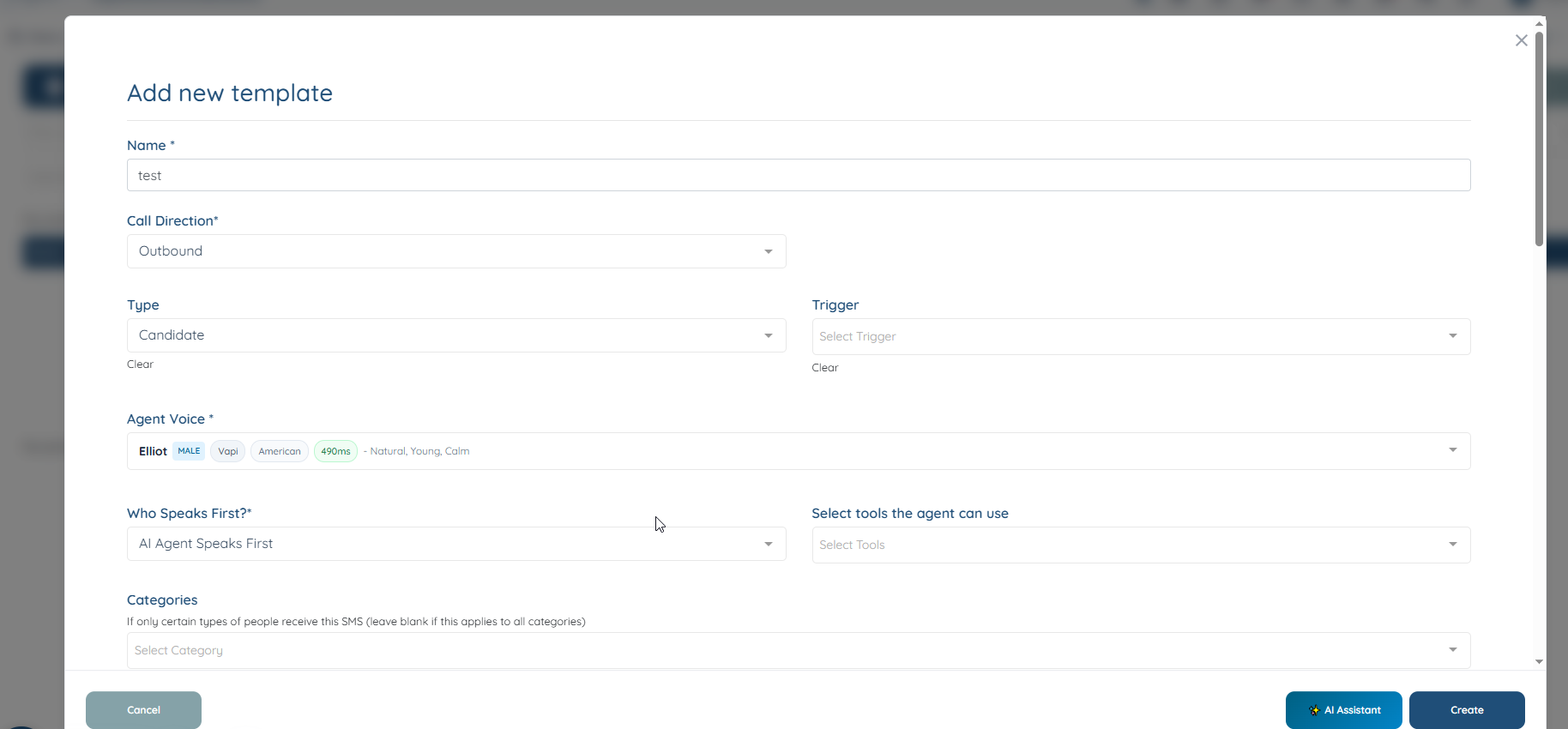 an outbound template showing the type, trigger, Categories and Status