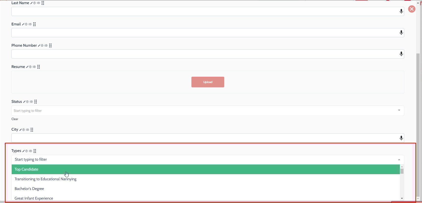 How to add Types to the applicant quick form