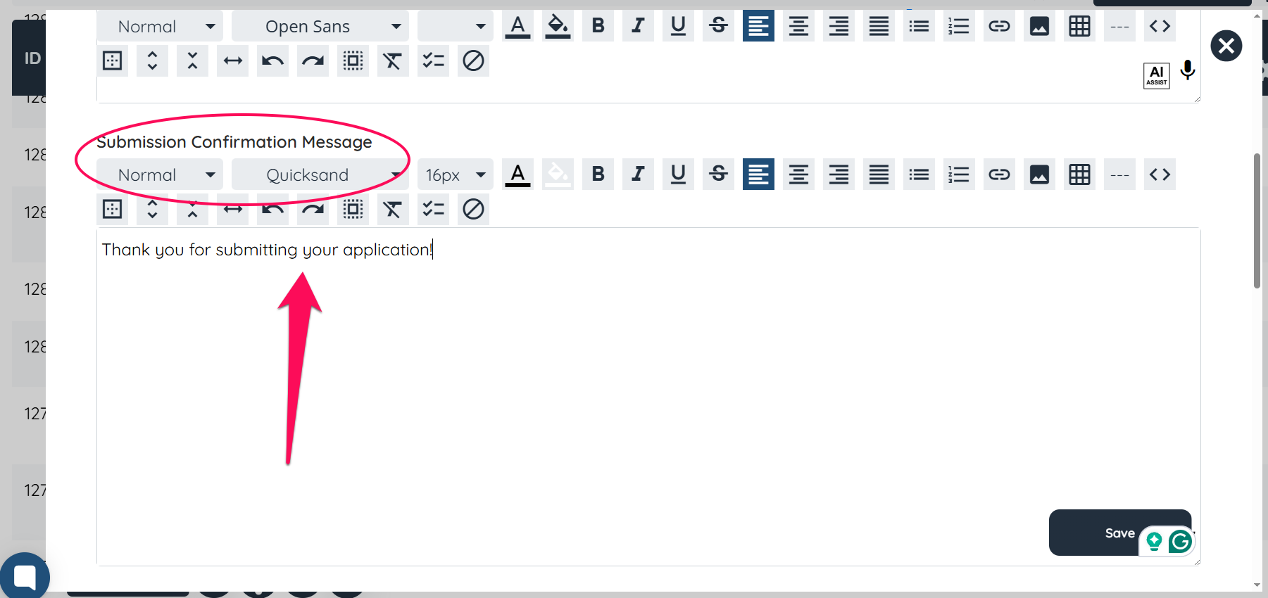 How to edit the submission confirmation message on an application
