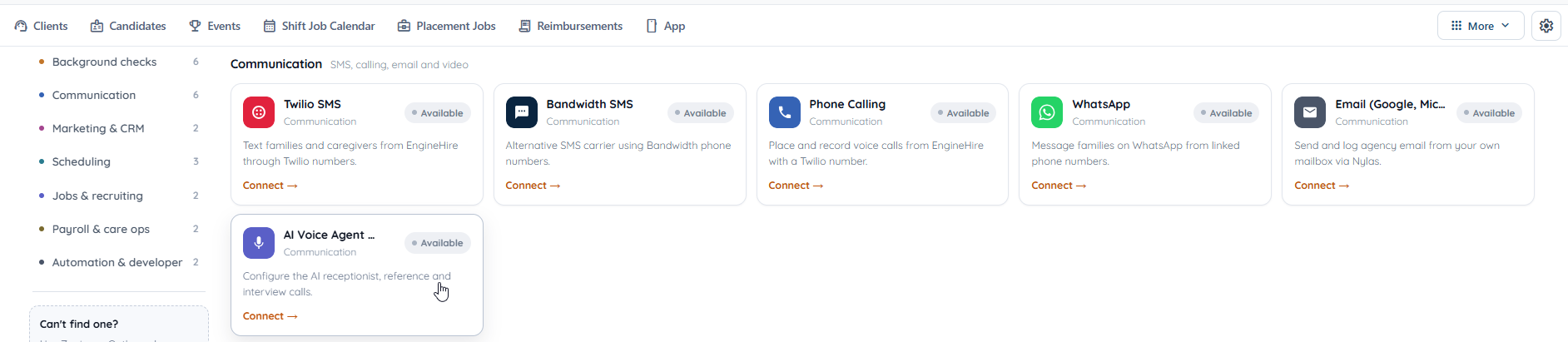 the AI Voice Agent Integration section, with the Communication tab visible