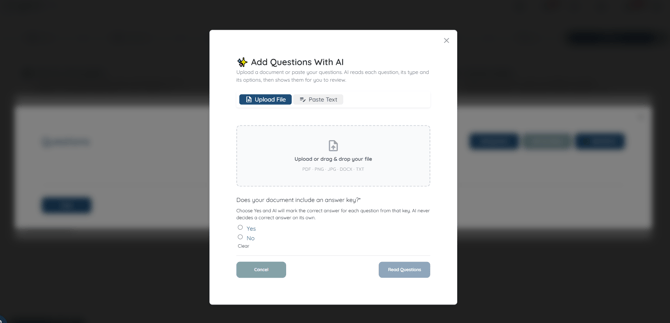 the Add Questions With AI window showing Upload File _ Paste Text and the answer key option